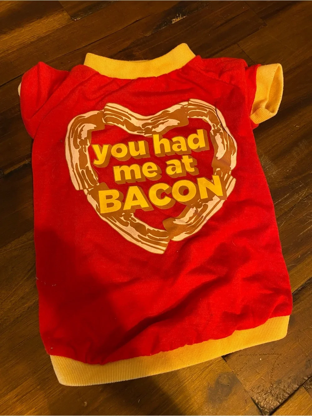 Dog Shirt 'You Had Me at BACON' Graphic Tee with Yellow Trim